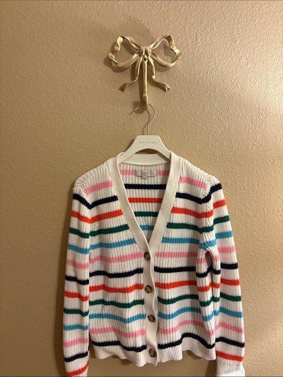 LOFT Sweaters - LOFT White Knit Cardigan with Multicolor Stripes